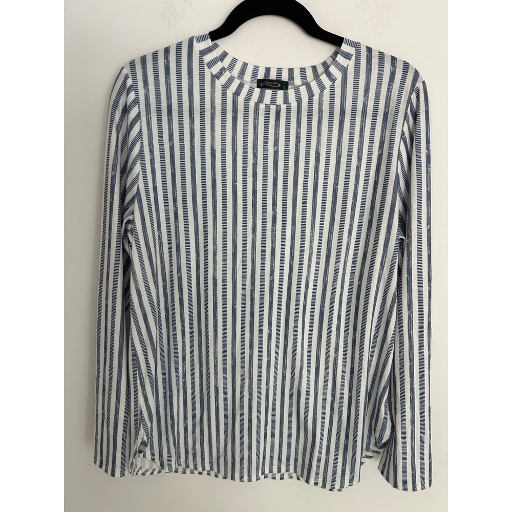 Ofeefan Womens Blue White Distressed Vertical Stripe Long Sleeve Top Size Large